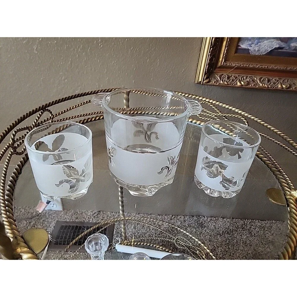Ice Bucket Frosted & Glasses - Set Of 2 Italy 1960's 1970's Vtg